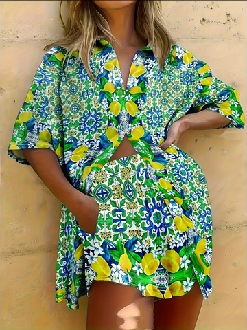 Set Due Pezzi Casual Donna Stampa Limone Piastrelle Camicia Manica Corta Bavero E Pantaloncini Vita Elastica Estate Vacanza