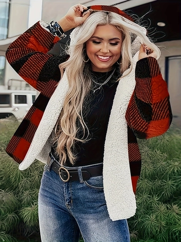 Veste Femme Décontractée à Carreaux Buffalo avec Capuche Doublée Sherpa Rouge Noir Manches Longues Chaude Coupe Ample