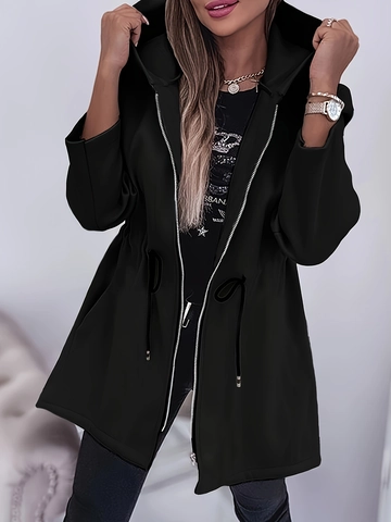 Chaqueta Cortavientos Informal con Capucha para Mujer Longitud Media de Poliéster con Cordón Ajustable en la Cintura Color Sólido