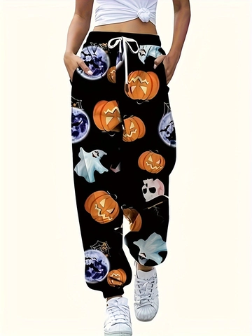 Dames Halloween Pompoen Geest Print Joggers Polyester Elastische Taille Trekkoord Casual Joggingbroek Streetwear Broek