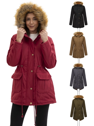 Damen Mittellang Kapuzen Parka Wintermantel Mit Kunstpelzkragen Samtfutter Wasserdichte Jacke Taillenkordelzug Outwear