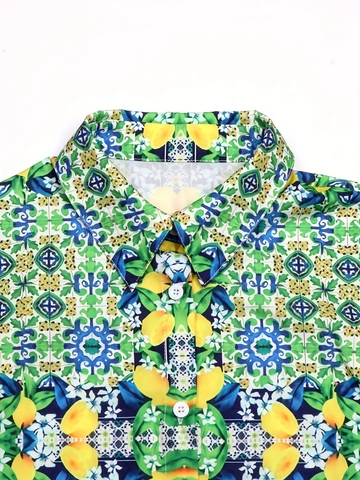 Set Due Pezzi Casual Donna Stampa Limone Piastrelle Camicia Manica Corta Bavero E Pantaloncini Vita Elastica Estate Vacanza