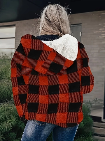 Veste Femme Décontractée à Carreaux Buffalo avec Capuche Doublée Sherpa Rouge Noir Manches Longues Chaude Coupe Ample