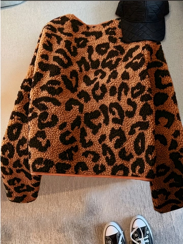 Giacca da Donna in Pelliccia Sintetica Leopardata Con Fodera in Pelle Scamosciata Girocollo Manica Lunga Cappotto di Peluche