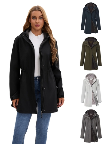 Chaqueta de Mujer con Capucha para Exteriores Resistente al Agua Cortavientos Forro Polar Parka de Media Longitud Multibolsillos