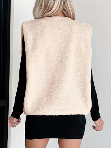 Women Casual Faux Fur Sherpa Vest Loose Sleeveless Warm Waistcoat With Pockets Metal Buttons Solid Color Autumn Winter