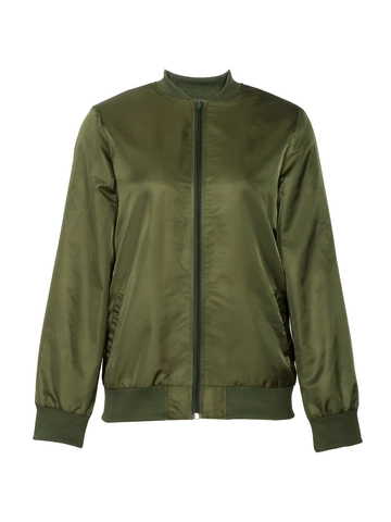 Women's Satin Bomber Jacket Full Zip Ribbed Trim Lightweight Military Green Windbreaker Outerwear Coat For Autumn Winter