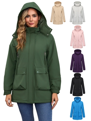 Chaqueta de Exterior con Capucha Desmontable para Mujer Resistente al Agua Forrada de Felpa Parka Cálida Abrigo Color Sólido Múltiples Bolsillos