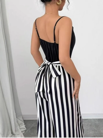 Dames Sexy V-hals Spaghettibandjes Jumpsuit Rugloos Strik Gestreepte Wijde Pijpen Hoge Taille Jumpsuit Met Riem Zwart Wit