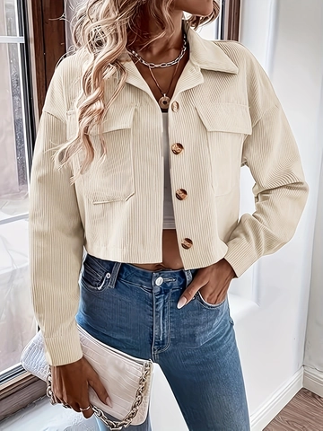 Chaqueta de Pana Retro para Mujer Corta Casual Streetwear Manga Larga Botonadura Sencilla Abrigo Con Bolsillos Albaricoque