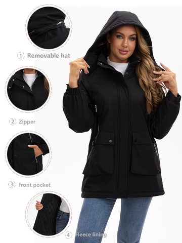 Chaqueta de Exterior con Capucha Desmontable para Mujer Resistente al Agua Forrada de Felpa Parka Cálida Abrigo Color Sólido Múltiples Bolsillos