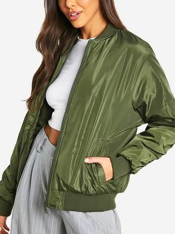 Women's Satin Bomber Jacket Full Zip Ribbed Trim Lightweight Military Green Windbreaker Outerwear Coat For Autumn Winter