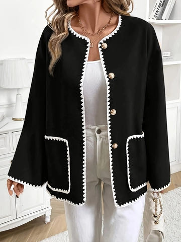 Damen Elegant Schwarz Tweed Stil Jacke Kontrast Weiß Wellenkante Goldene Knöpfe Rundhals Langarm Herbst Oberbekleidung