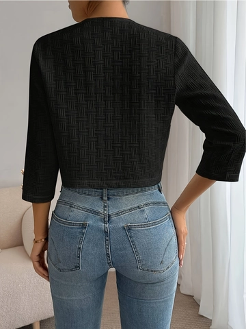 Women Casual Cropped Blazer Jacket Round Neck Solid Color Open Front Textured Coat With Decorative Metal Buttons