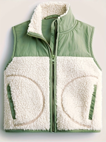 Gilet in Pile Sherpa Patchwork Casual da Donna Colletto in Piedi Giacca Senza Maniche Colorblock Cerniera Top Capispalla