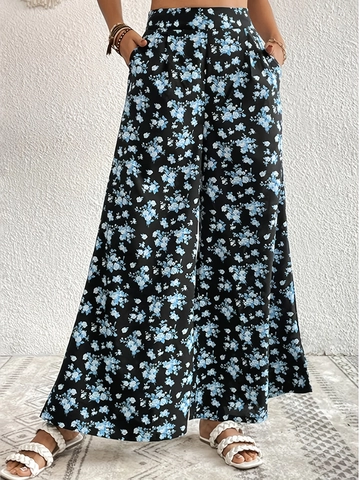 Pantaloni Donna a Vita Alta Gamba Larga Stampa Floreale Casual Larghi Dritti Estivi in Poliestere Leggeri da Vacanza