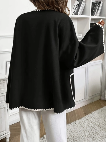 Damen Elegant Schwarz Tweed Stil Jacke Kontrast Weiß Wellenkante Goldene Knöpfe Rundhals Langarm Herbst Oberbekleidung