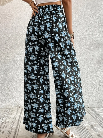 Pantaloni Donna a Vita Alta Gamba Larga Stampa Floreale Casual Larghi Dritti Estivi in Poliestere Leggeri da Vacanza