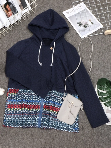 Women's Hooded Jacket Quilted Patchwork Ethnic Geometric Print Long Sleeve Zipper Coat With Wood Button Casual Holiday Outwear