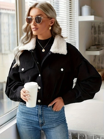 Women Casual Corduroy Jacket With Faux Sherpa Collar Patchwork Single Breasted Long Lantern Sleeve Short Outerwear Coat