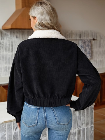 Women Casual Corduroy Jacket With Faux Sherpa Collar Patchwork Single Breasted Long Lantern Sleeve Short Outerwear Coat