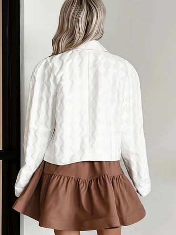 Women's White Quilted Jacket Loose Fit Diamond Pattern Lapel Long Sleeve Casual Polyester Button Down Fashion Outerwear