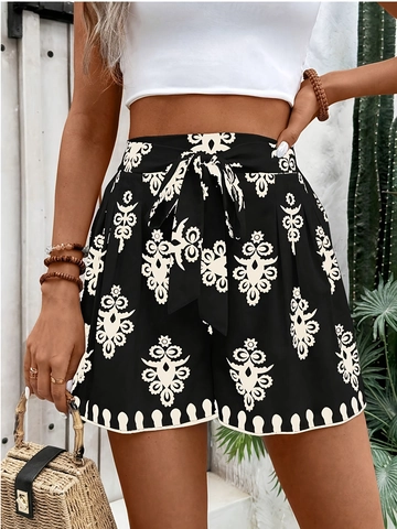 Women Bohemian High Waist Printed Shorts Ethnic Mandala Pattern Wide Leg Beach A-Line Short Pants With Self Tie Belt