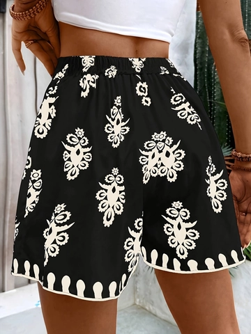 Women Bohemian High Waist Printed Shorts Ethnic Mandala Pattern Wide Leg Beach A-Line Short Pants With Self Tie Belt