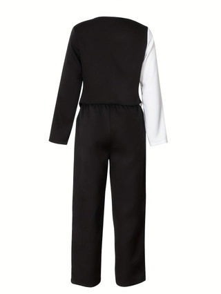 Damen Mode Lässig Set Schwarz Weiß Colorblock V-Ausschnitt Asymmetrische Knöpfe Langarm Top Und Weites Bein Hose