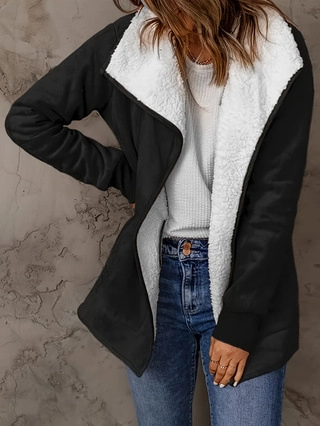 Veste Décontractée pour Femme Doublée Sherpa Mi-longue Revers Manteau Polaire Chaud Ample Noir Blanc Patchwork Vêtements d'extérieur Manches Longues