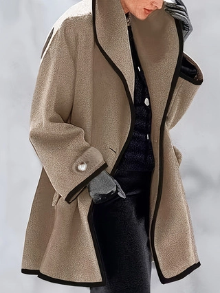 Cappotto Lungo di Lana da Donna Con Bordature a Contrasto Revers Monopetto Caldo Soprabito Cammello per la Moda Autunno Inverno