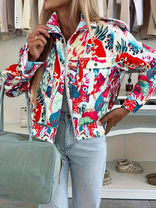 Damen Vintage Papagei Tropischer Druck Polyester Jacke Kurz Langarm Reißverschluss Bombermantel Mit Klappentaschen Streetwear