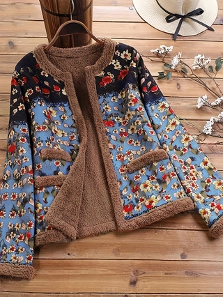 Chaqueta de Forro Polar Sherpa Vintage con Estampado Floral para Mujer Cárdigan Retro Cálido Abrigo de Invierno con Bolsillos