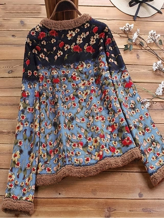 Chaqueta de Forro Polar Sherpa Vintage con Estampado Floral para Mujer Cárdigan Retro Cálido Abrigo de Invierno con Bolsillos
