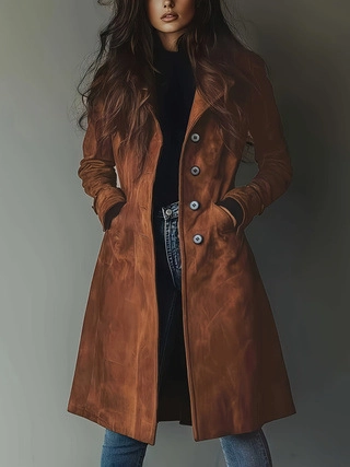 Trench da Donna in Finta Pelle Scamosciata Casual Slim Fit Monopetto Revers Manica Lunga Tinta Unita Cappotto Autunnale