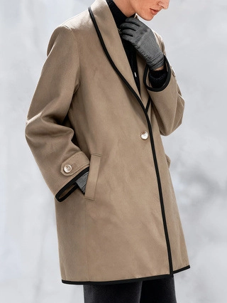 Cappotto Lungo di Lana da Donna Con Bordature a Contrasto Revers Monopetto Caldo Soprabito Cammello per la Moda Autunno Inverno