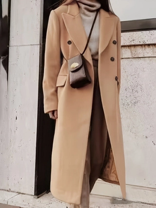 Dames Elegante Halflange Wollen Jas Double-breasted Revers Lange Mouw Slim Fit Effen Kleur Kameel Herfst Winter Jas