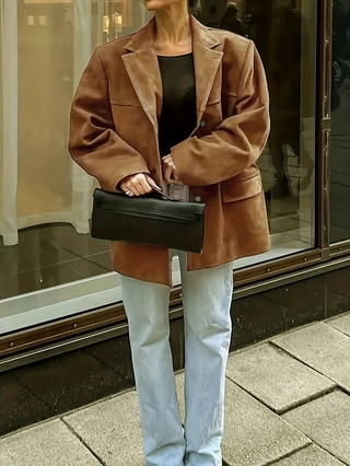 Chaqueta Blazer de Gamuza Sintética Casual para Mujer Sencilla Fila de Botones Color Sólido Solapa Manga Larga Abrigo