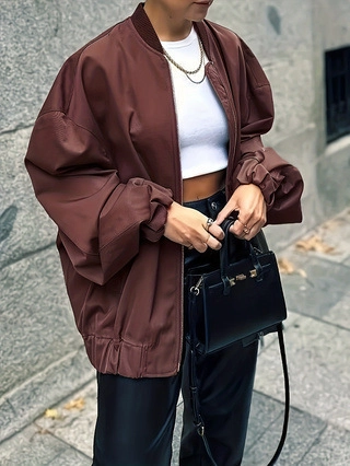 Women's Oversized Dark Brown Bomber Jacket Vintage Zip Up Streetwear Flight Jacket Casual Fall Winter Outerwear Warm Coat