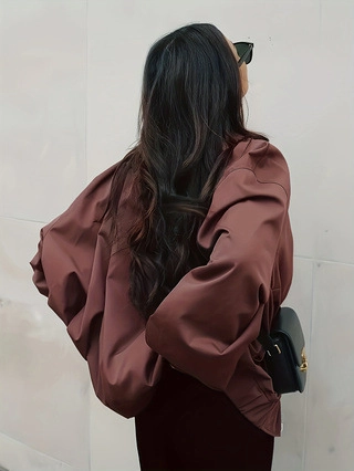 Women's Oversized Dark Brown Bomber Jacket Vintage Zip Up Streetwear Flight Jacket Casual Fall Winter Outerwear Warm Coat