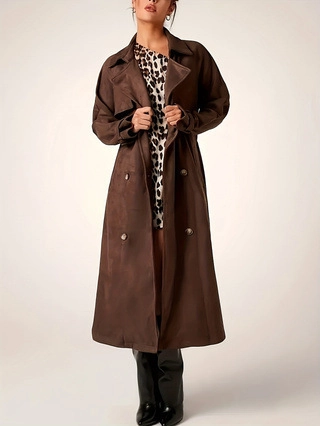 Vintage Women Cashmere Long Trench Coat Double Breasted With Belt Solid Dark Brown Lapel Autumn Winter Casual Overcoat