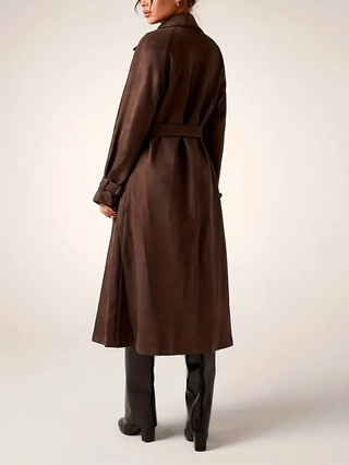 Vintage Women Cashmere Long Trench Coat Double Breasted With Belt Solid Dark Brown Lapel Autumn Winter Casual Overcoat