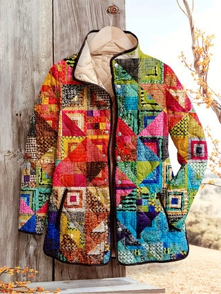Women's Quilted Patchwork Jacket Colorful Geometric Pattern Long Sleeve Padded Coat Vintage Bohemian Warm Ethnic Outerwear