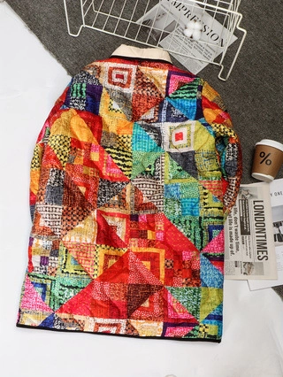 Women's Quilted Patchwork Jacket Colorful Geometric Pattern Long Sleeve Padded Coat Vintage Bohemian Warm Ethnic Outerwear