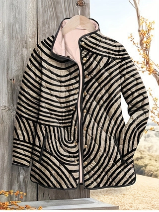 Chaqueta Acolchada para Mujer con Rayas de Cebra y Estampado Ondulado Manga Larga Cuello Alto Abrigo de Algodón Otoño Invierno
