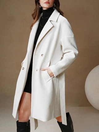 Abrigo Largo de Lana Elegante para Mujer Doble Botonadura Cinturón Blanco Solapa Sobretodo Invierno Otoño Chaqueta Estilo Commuter