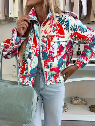 Veste Courte pour Femme Imprimé Floral et Oiseau Décontracté Manches Longues Fermeture Éclair Extérieur Avec Poches à Rabat Streetwear
