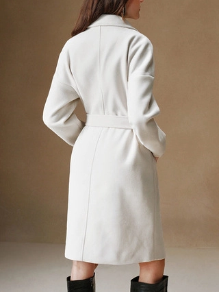 Abrigo Largo de Lana Elegante para Mujer Doble Botonadura Cinturón Blanco Solapa Sobretodo Invierno Otoño Chaqueta Estilo Commuter