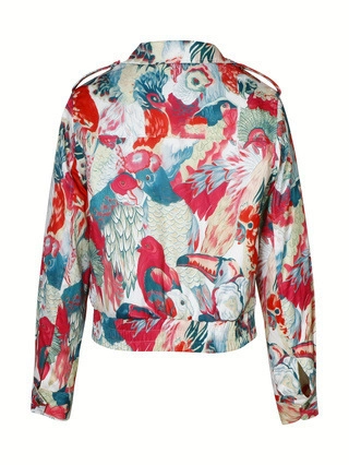Veste Courte pour Femme Imprimé Floral et Oiseau Décontracté Manches Longues Fermeture Éclair Extérieur Avec Poches à Rabat Streetwear