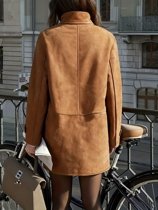 Chaqueta de Antelina para Mujer Largo Medio Solapa Manga Larga Botonadura Sencilla Ropa de Abrigo Casual Con Bolsillos para Otoño Invierno